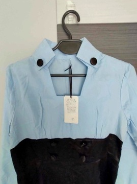 Blekitno-czarna sukienka koszulowa z dlugim rekawem 40