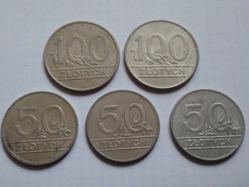 MONETY PRL 50 i 100 ZŁOTYCH 1990 ZESTAW 5 szt.