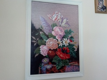 Obraz ręcznie wyszywany kwiaty