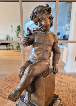 Cherubinek dziecko z gołębiem rzeźba brąz unikat Bronze Garaniti Paris