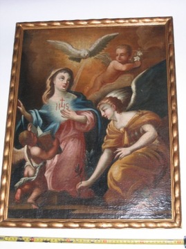 Olejny obraz barokowy zwiastowanie Marii. 18 wiek.
