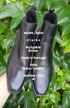 Clarks NOWE  Portugalskie eleganckie damskie sztyblety ze skóry, 41/25,5 cm