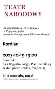 19.10 Świetne 2 Bilety "Kordian" Teatr Narodowy