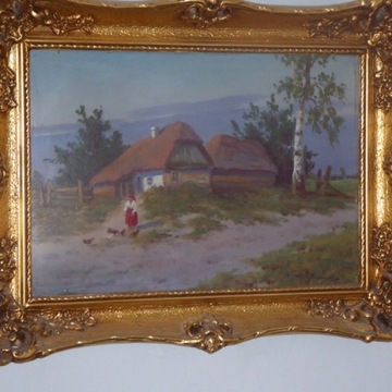 Obraz olejny  pt. " Pejzaż z wiejską chatą "