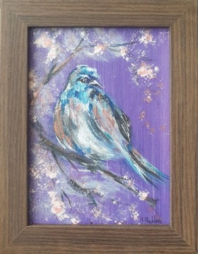 Obraz ręcznie malowany "Ptak" +rama ptaki fiolet
