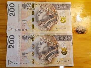 Banknoty 200 zł seria AA i BB