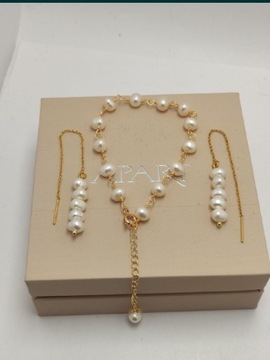 Komplet biżuterii pozłacanej z naturalna perłą 