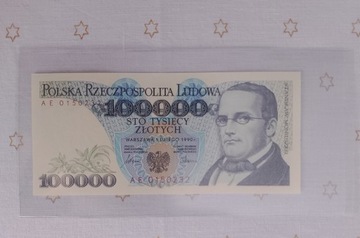 Banknot 100000zł z 1990r. - seria AE