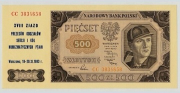 Banknot 500zl serii CC 1948r stan 1 z nadrukiem