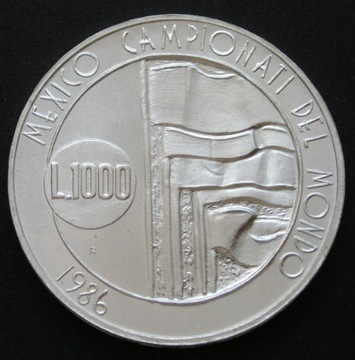 San Marino 1000 lirów 1986 - MŚ - srebro - stan 1