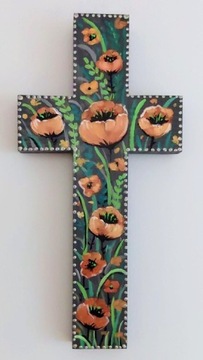 Krzyż drewniany ręcznie malowany (rękodzieło).