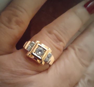 Piękny pierścionek Art Deco złocony mosiądz kryształ 