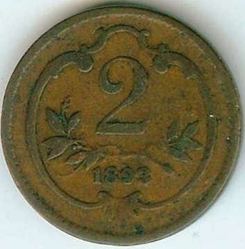 AUSTRIA 2 HELLER 1893 Cu - ładny stan 