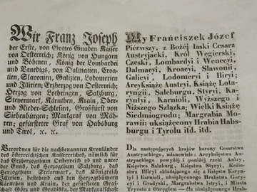 Rozporządzenie cesarskie dokument 1849 Franz Jozef