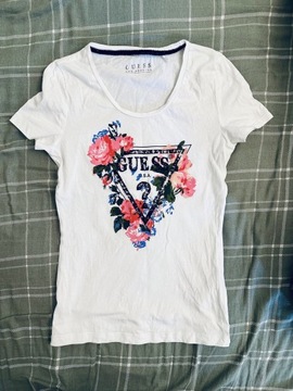 GUESS Damski T-Shirt Koszulka Biała XS Wzór Kwiaty