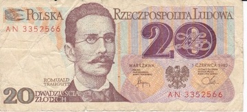 20 zł Traugutt banknot 1982 rok
