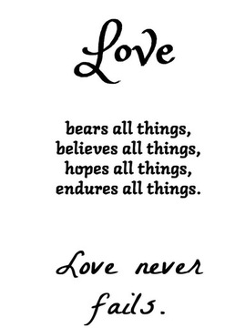Plakat chrześcijański cytat Love never fails 21x30