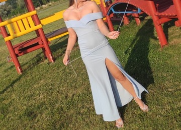 Suknia błękitna długa z rozporkiem S /36 