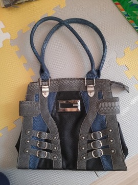 Niebiesko-czarna poręczna torebka,srebrne elementy