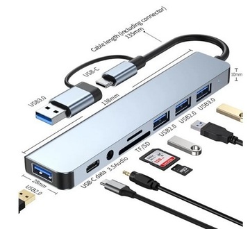 Rozbudowany Hub USB 8w2 czytnik kart audio