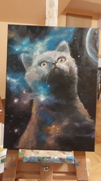 Obraz olejny ręcznie malowany 30x40 "Kot astralny"