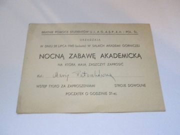 BRATNIA POMOC STUDENTÓW ZAPROSZENIE 1945 KRAKÓW