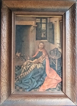 Obraz w starej ramie - Madonna z Dzieciątkiem przy kominku 