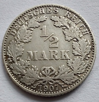 NIEMCY 1/2 Mark 1907D srebro ŁADNA