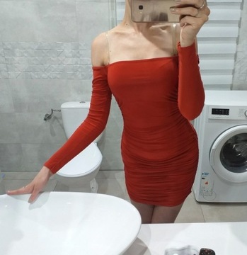 Miedziana/czerwona sukienka mini z długim rękawem 