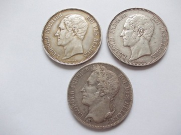 BELGIA, 3 x 5 FRANKÓW 1848, 1849,1852 r. 