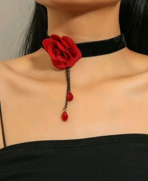 Naszyjnik choker czarny  aksamit z czerwoną różą