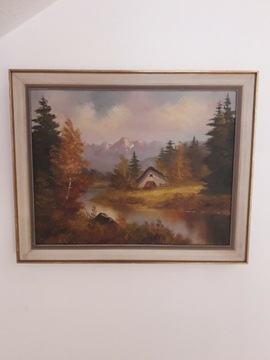 obraz Domek w Alpach olej na płótnie 30x40