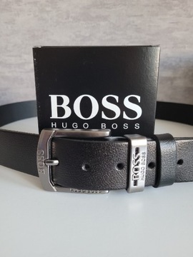 Czarny męski skórzany pasek Hugo Boss z pudełkem 