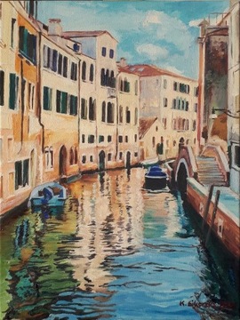Obraz olejny. Wenecja, Włochy. Kanały i gondole.