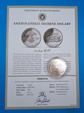 USA 1 dolar 1991, 50 lecie USO, srebro 0,900