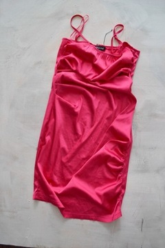 różowa satynowa sukienka z marszczeniami mini S 