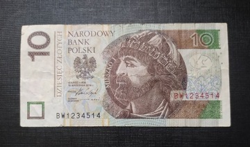 Banknot 10 złotych unikalny numer BW1234514