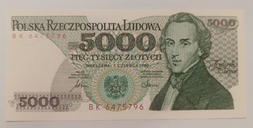 Banknot PRL  5000 zł. Chopin 1986 r. seria BK rzadka UNC 