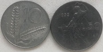 Włochy 10 i 50 lire 1955, KM#93 i 95.1