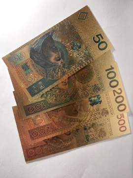 Zestaw banknotów pozłacanych 50,100,200,500zł.