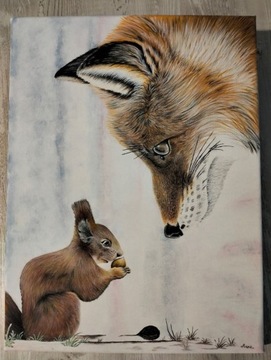 obraz recznie malowany lis i wiewiórka 30x40cm