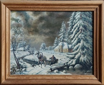 Sygnowany obraz olejny "Zimowy pejzaż"JLewandowski