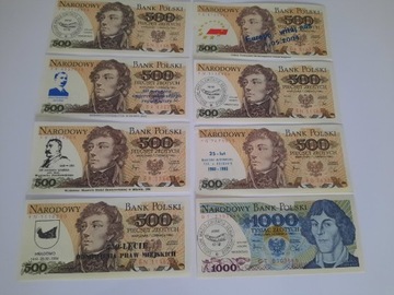 347N' 8 BANKNOTÓW PRL UNC OD 500  DO 1000 ZŁOTYCH 