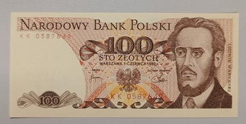 Banknot PRL 100 zł. emisja 1982 r. seria KK rzadka UNC L3