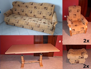 Komplet: sofa, 2x fotel, 2xpufa, stół rozkładany