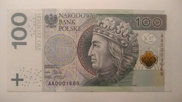 Banknot 100 zł seria AA, niski numer