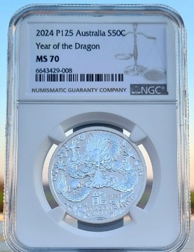 Srebrna moneta Lunar III Rok Smoka NGC MS70, 1/2oz