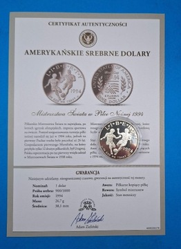 USA 1 dolar 1994, Mundial w USA 1994, srebro 0,900