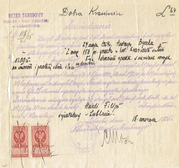 Lubartów, 1924, Urząd Skarbowy, pismo spadkowe