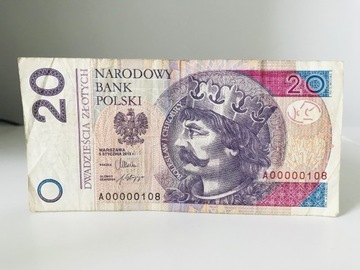 Banknot 20 zł, UNIKAT z serii A00000108